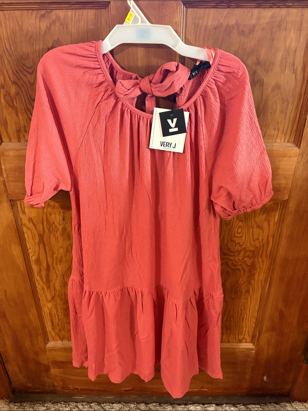 Very J Coral Tie-Neck Puff Sleeve Babydoll Dress